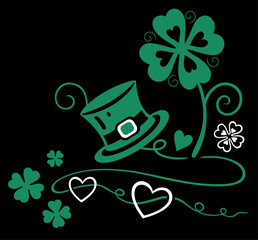 St Patricks Day Kleeblätter mit Kobold Hut und Herzen. St. Paddys, Irish Day Klee Vektor.