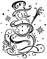 Schneemann Winter und Schneeflocken. Winterliche Vektor Zeichnung mit Schneemann Schal Mütze und Schnee.  - 632191581