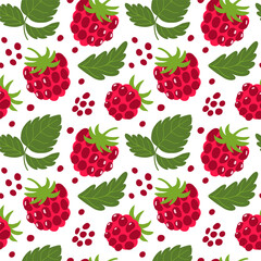 Raspberry seamless pattern. Vector summer berries repeat background, wallpaper, fresh fruit print, wrap paper, package design, textile. Juicy illustration. Cute hand drawn raspberries and leaves.