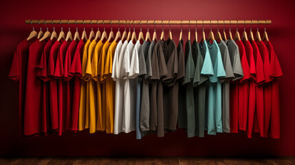 T-shirts on hangers on a red background. Generative Ai