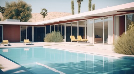 american mid-century modern house with swimming pool, Generative AI