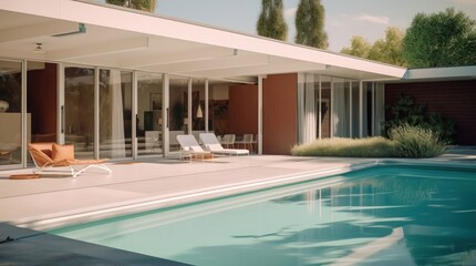 american mid-century modern house with swimming pool, Generative AI