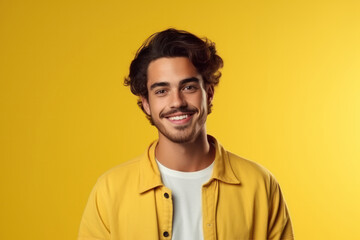 Fototapeta premium Young man smiles in casual wear against yellow wall. Studio portrait, sincere emotions concept. Mock-up space.