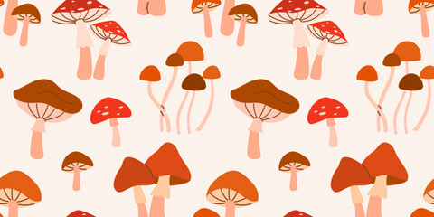 Seamless pattern with various mushrooms. Autumn repeat design with fungi