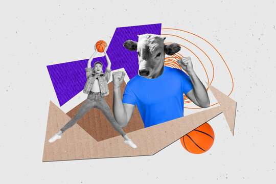 Creative drawing collage picture of excited energetic young female jumping playing basketball man raise fists cow head support match
