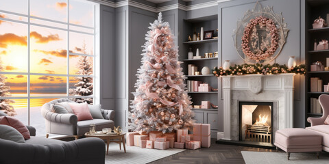 Decorated Christmas tree indoor with large windows and fireplace