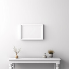 White empty frame on white wall with white table console 
