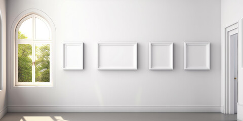 Blank white picture frames on the white wall indoor, template, mock-up, background