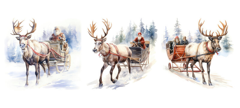 festive reindeer sleigh ride watercolor