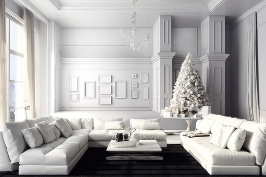 Decorated white Christmas tree indoor with huge sofa, many photo frames template on wall background 