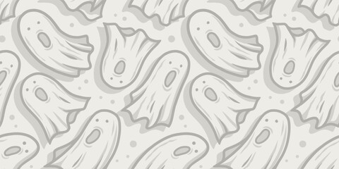 Naklejka premium Halloween seamless pattern with ghost for monochrome halloween design. Wallpaper or background with spirit or soul for october party banner, poster or postcard