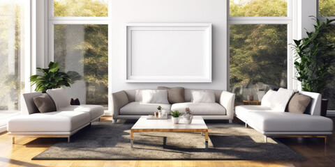 modern living room with sofa , windows, white image frame template on the wall