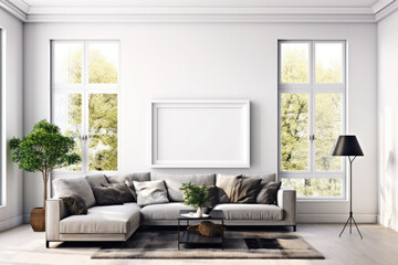 Fototapeta premium Image frame template in modern living room with green plant, lamp, huge windows