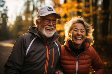 Romantic and elderly healthy lifestyle concept. Senior cheerful active smiling mature couple walks looks happy in the park in afternoon autumn sunlight day time, happily retired. Generative AI