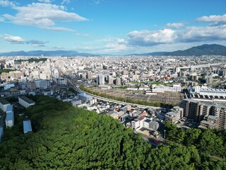 [Drone] Blue sky in summer and cityscape of Fukuoka city