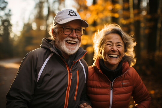 Romantic and elderly healthy lifestyle concept. Senior cheerful active smiling mature couple walks looks happy in the park in afternoon autumn sunlight day time, happily retired. Generative AI