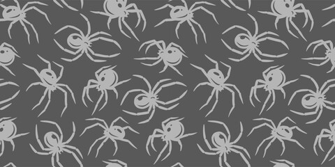 Halloween seamless pattern with spiders for monochrome halloween design. Wallpaper or background with tarantula or insects for october party banner, poster or postcard