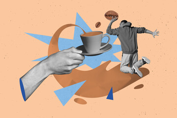 3d retro abstract creative artwork template collage of hand hold coffee tea cup basketball player...