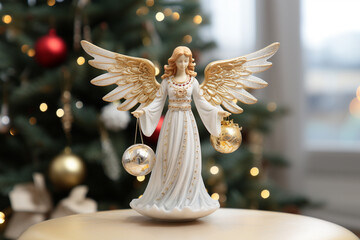 Ornate angel figurine holding Christmas tree ornaments