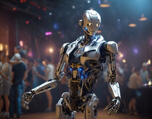 Fototapeta premium A humanoid robot stands in the middle of the club, its body illuminated by the colorful strobe lights.Generative AI, AI art