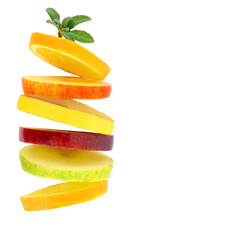 Naklejka na ściany i meble Healthy food, Fresh fruits slices stack isolated on white transparent background