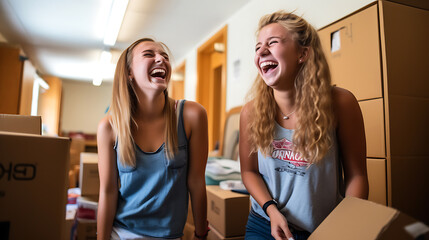 Two student girls unpack things in a dorm room. Girls chatting and laughing
