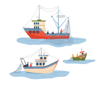 Fishing sail boats and ships flat vector illustration isolated on white.