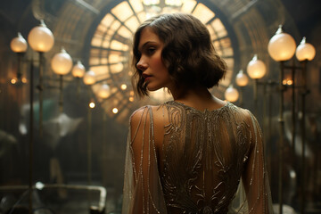 Embodying the essence of the Gatsby Era, a woman radiates the flair and charm of the Roaring Twenties, capturing the glamour and sophistication of that iconic time