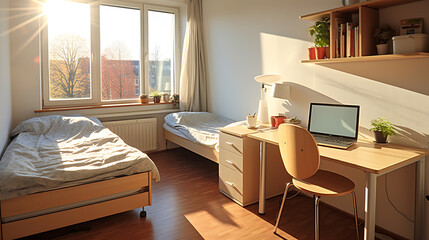 Simple and bright room for two students in a student dormitory - obrazy, fototapety, plakaty