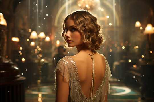 Embodying the essence of the Gatsby Era, a woman radiates the flair and charm of the Roaring Twenties, capturing the glamour and sophistication of that iconic time