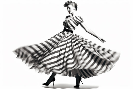 In an embodiment of 1950s glamour, a woman stands gracefully in a full-skirted dress against a white background, exuding the elegance and charm of the era