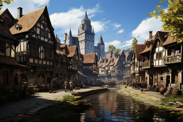 Illustration of medieval village with half-timbered houses in Europe - obrazy, fototapety, plakaty