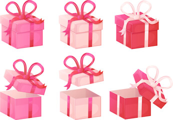 Closed and opened pink and red boxes set with red, white ribbon bows.