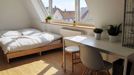 Simple and bright room for a student in a student dormitory - obrazy, fototapety, plakaty