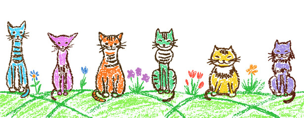 Funny tabby cat set on meadow. Border background. Crayon child`s hand drawn cute kitten on grass flower. Pastel chalk or pencil kids art stroke cats header banner. Vector artistic doodle simple pet