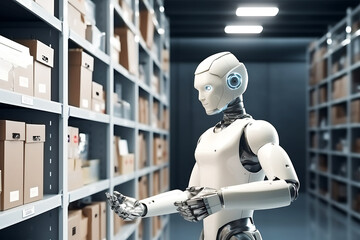Humanoid robot arranges boxes in a warehouse - obrazy, fototapety, plakaty