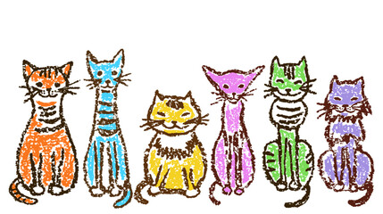 Funny colorful sitting cats set. Wax crayon like child`s hand drawn cute kitten clip art. Pastel chalk or pencil kids line art stroke cartoon smiling kitty. Vector artistic doodle simple pets