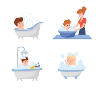 Children take a bath and perform hygiene procedures vector illustrations set.