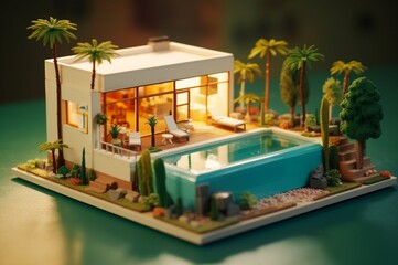 Fototapeta na wymiar Miniature luxury house with swimming pool. generative ai