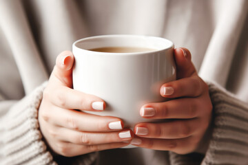 Closeup of female in a warm sweater holding in hands white mug of beverage. Generative AI.