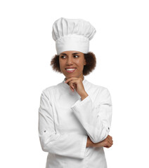 Portrait of happy female chef in uniform on white background