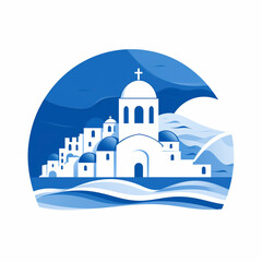 Vector style blue colors greek town and church on island