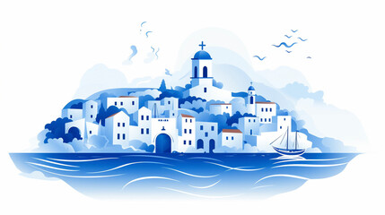 Naklejka premium Vector style blue colors greek town and church on island