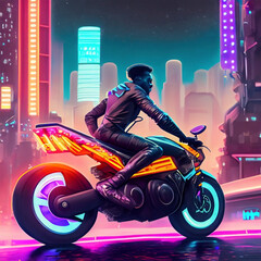 scifi rider on the road in neon city