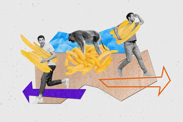 Naklejka premium Collage 3d image of pinup pop retro sketch of funny two male arrows point french fried potato animal zoo monkey restaurant fast food cafe