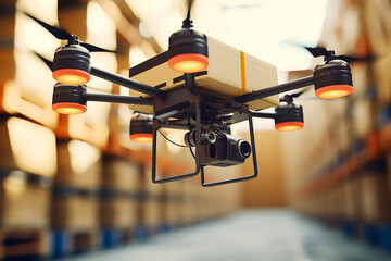 The drone flies around the warehouse and scans barcodes