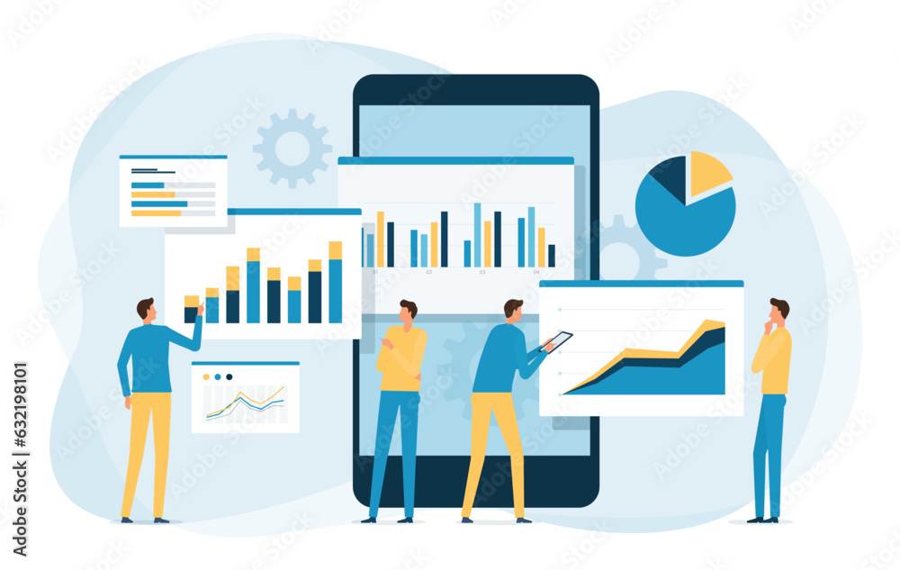 Poster vector business data analytics research and Data Scientist team meeting concept. with business people working together on a report graph dashboard monitor. and finance investment planning concept
