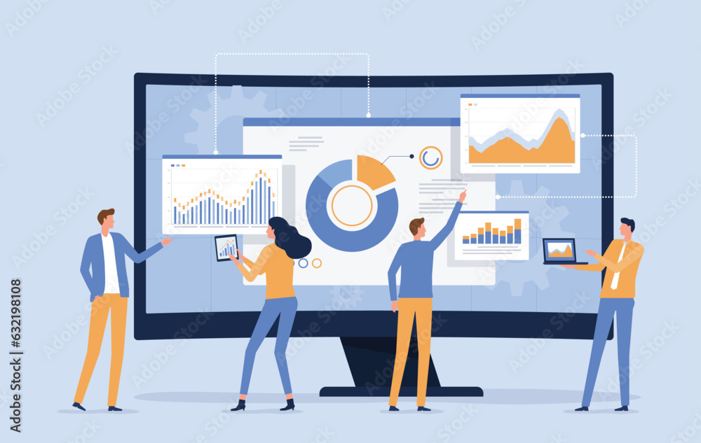 Aufkleber vector business data analytics research and Data Scientist team meeting concept. with business people working together on a report graph dashboard monitor. and finance investment planning concept
