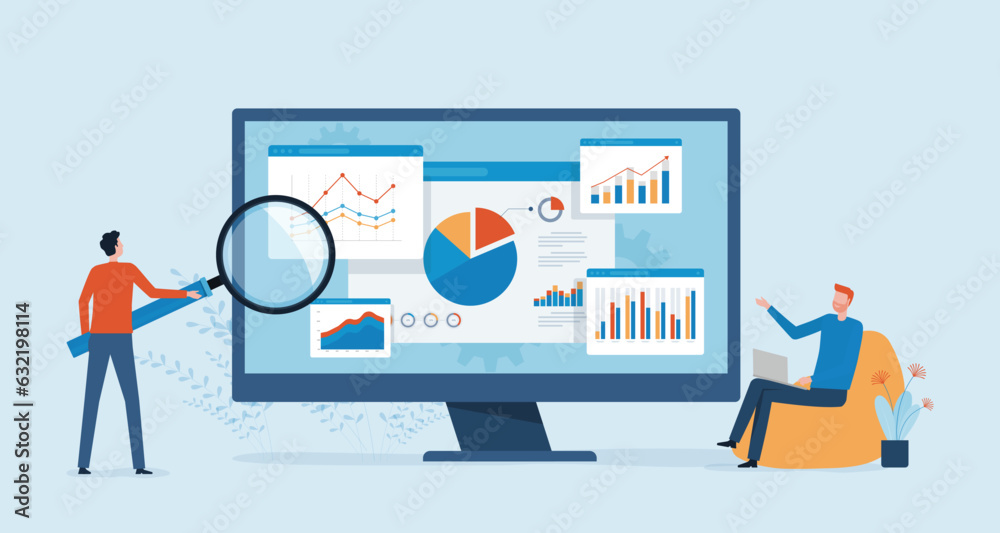 Poster vector business data analytics research and Data Scientist team meeting concept. with business people working together on a report graph dashboard monitor. and finance investment planning concept
