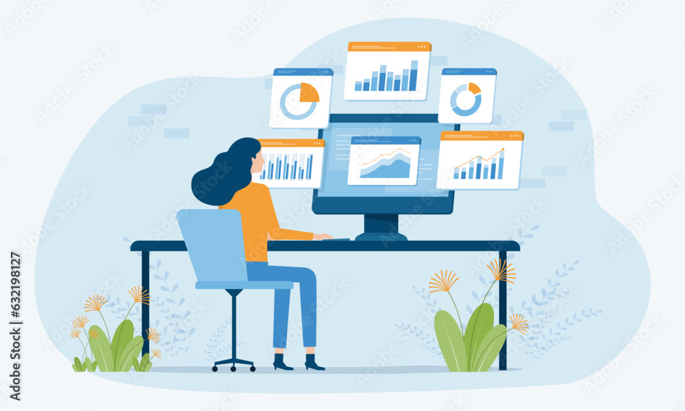 Aufkleber vector business data analytics research and Data Scientist team meeting concept. with business people working together on a report graph dashboard monitor. and finance investment planning concept
